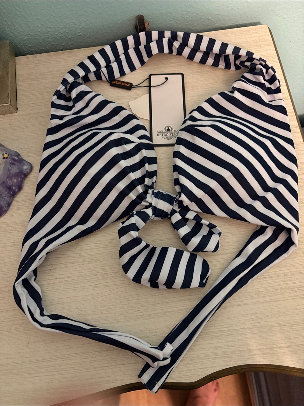 Retro Stage Women’s Navy & White Striped Halter Bikini Top